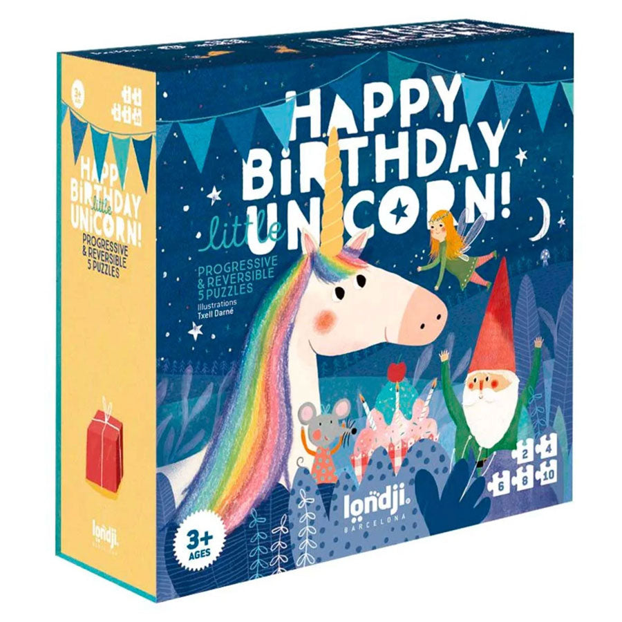 Das Puzzle Happy Birthday Unicorn von Londji in der hübschen dunkelblauen und gelben Verpackung. 