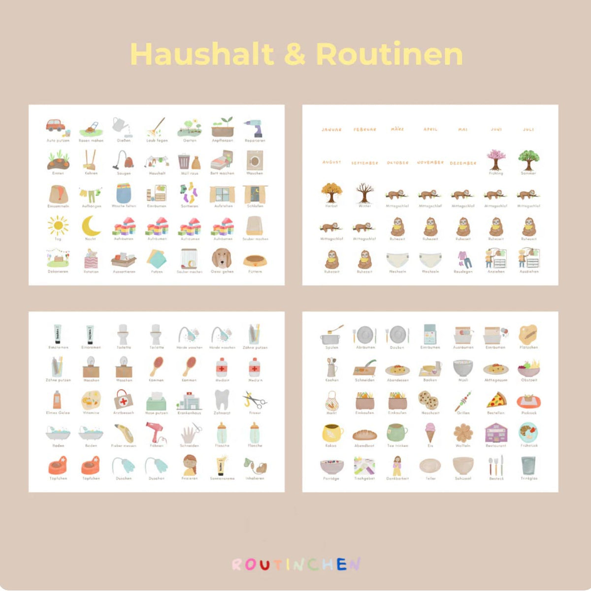 Routinekarten für die Themen Haushalt und Routinen von Routinchen