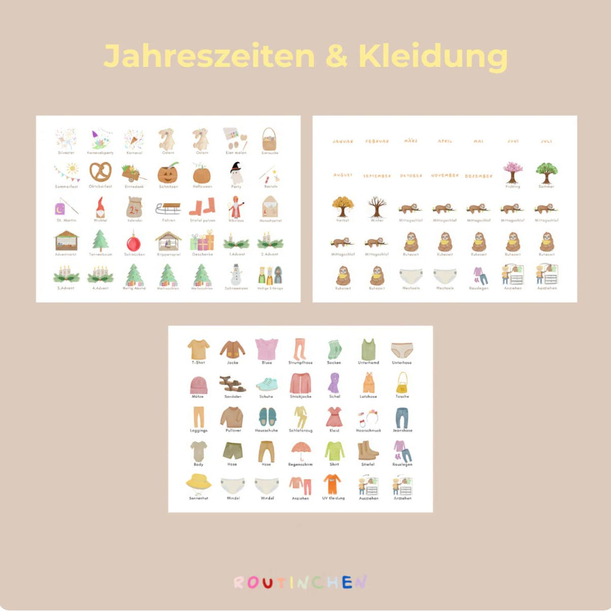 Routineplaner mit Karten zum Thema Jahreszeiten und Kleidung 