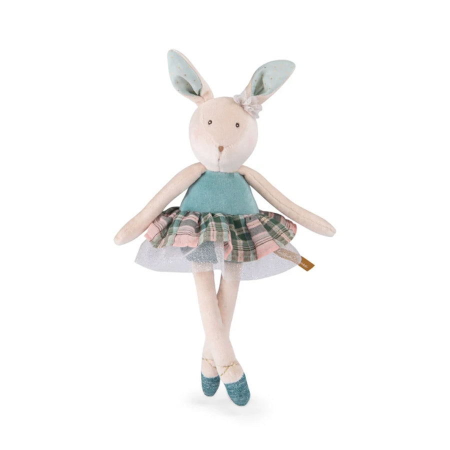 Hübscher Hase als Stofftier mit einem blauen Kleid, das einen karierten Rock mit Glitzertüll trägt, blauen Ballettschühchen und süßen Details
