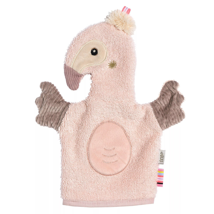 Waschlappen für Kinder mit Flamingo-Form im zarten rosa und toller Haptik
